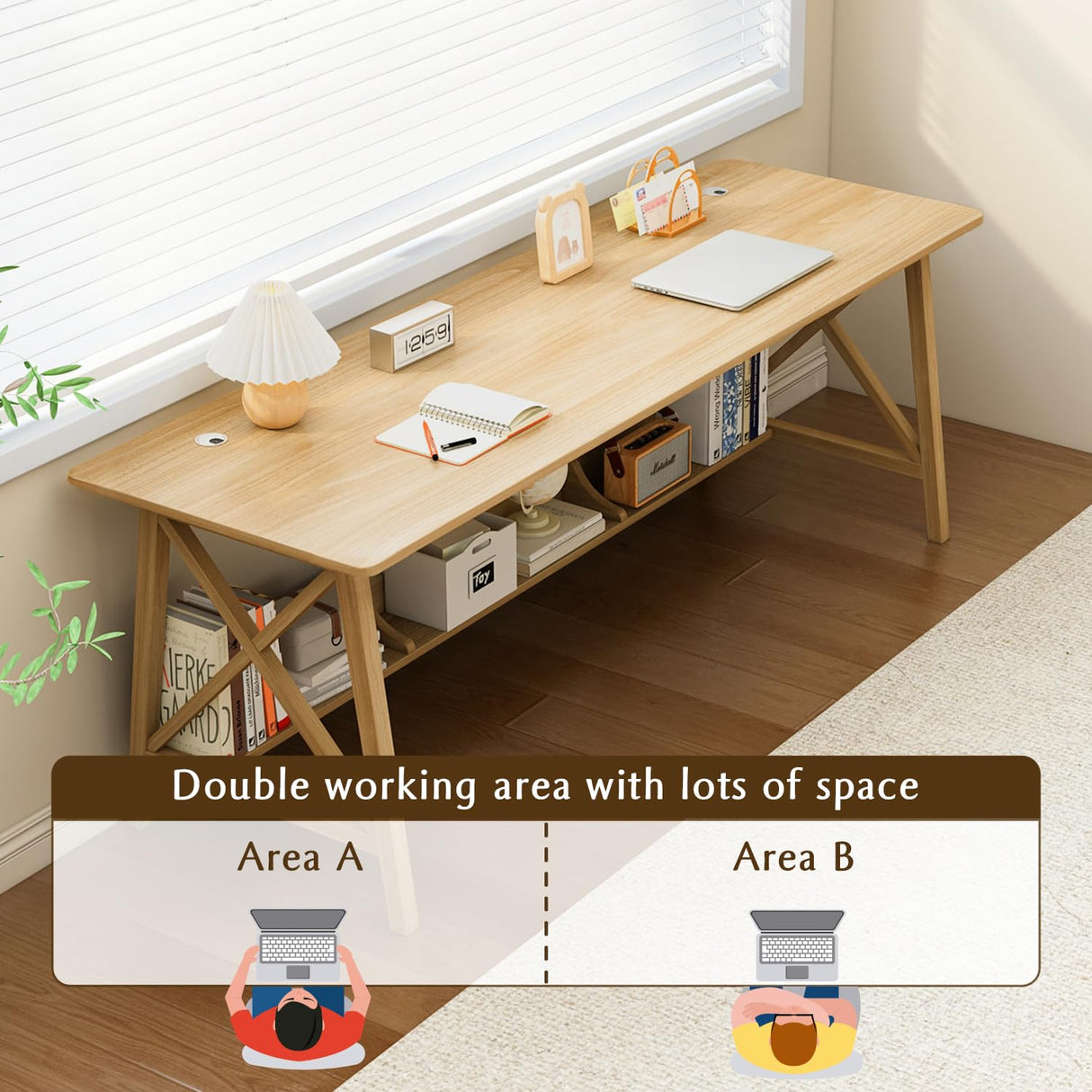 NELYE Oak Extra Long Minimalist Desk with Bookshelf - Solid Wood 2-Person Workstation for Home Office NELYE