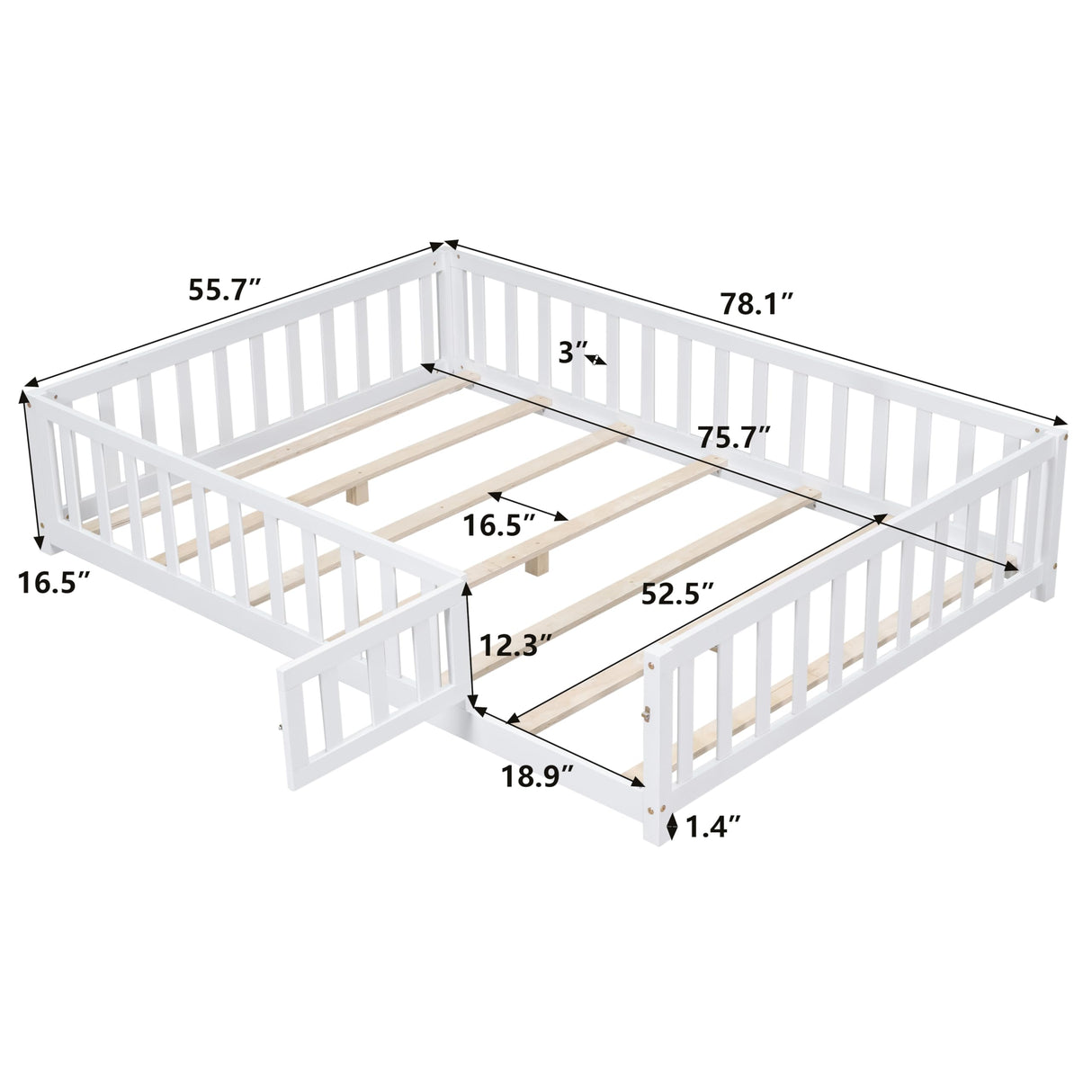 Bellemave Floor Bed Full Size Montessori Bed Frame with Fence and Door, Wooden Full Platform Bed for Kids, Boys Girls, Solid Wood Full Bed, No Box Spring Needed (White) Bellemave