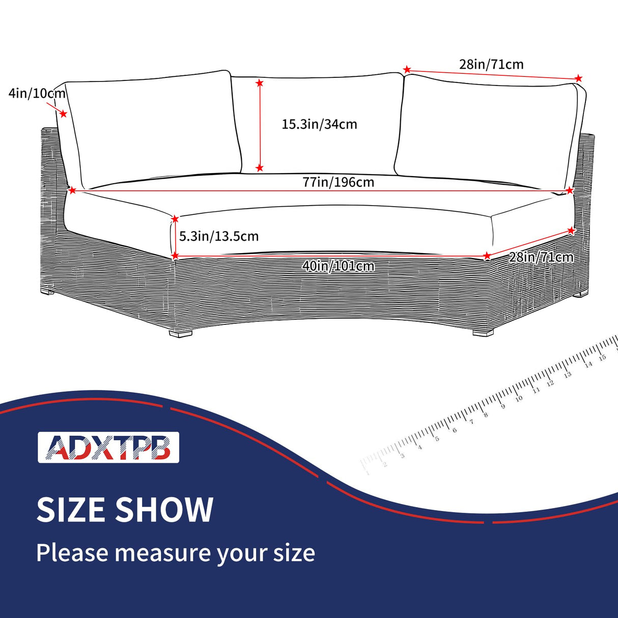 ADXTPB Outdoor Curved Cushion Covers Olefin,Waterproof Half Moon Patio Furniture Sofa Cushions Cover with Non-Slip Bottom,Cover ONLY (Navy Blue, 77 * 40 * 28 * 5.3in) ADXTPB