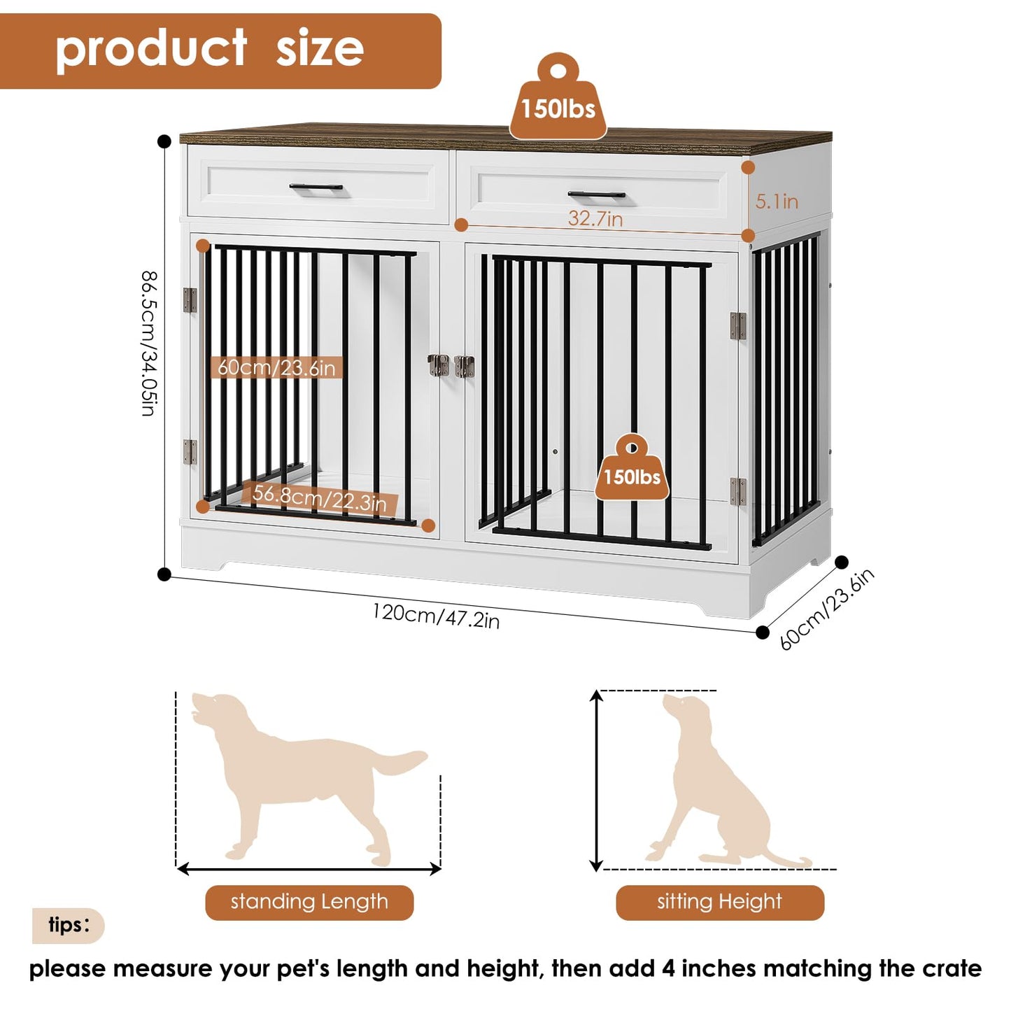 Dog Crate Furniture 47" Wooden Dog Kennels for Dogs Indoor with a Removable Divider for Large/Medium/Small Dogs, 2 Storage Drawers and Large Tabletop Dog Cages Double Doors Dog House, White - WoodArtSupply