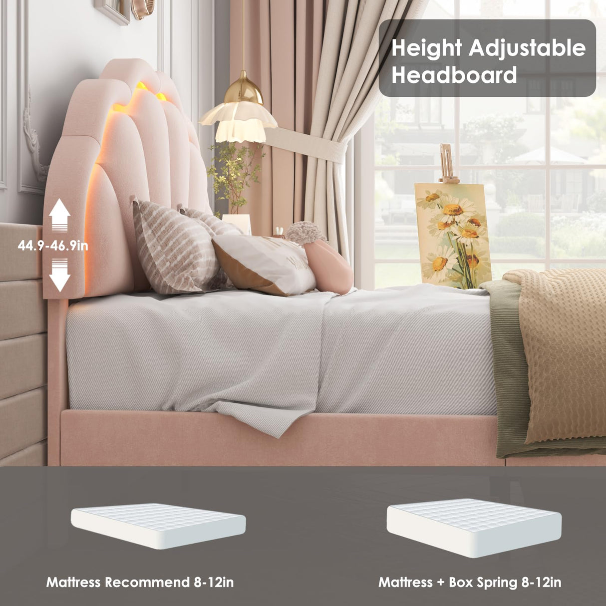 HIFIT Full Upholstered Smart LED Bed Frame with Adjustable Chic Petal Headboard, Princess Full Size Platform Bed Frames for Kids/Girls, Wooden Slats Support, No Box Spring Needed, Easy Assembly, Pink HIFIT