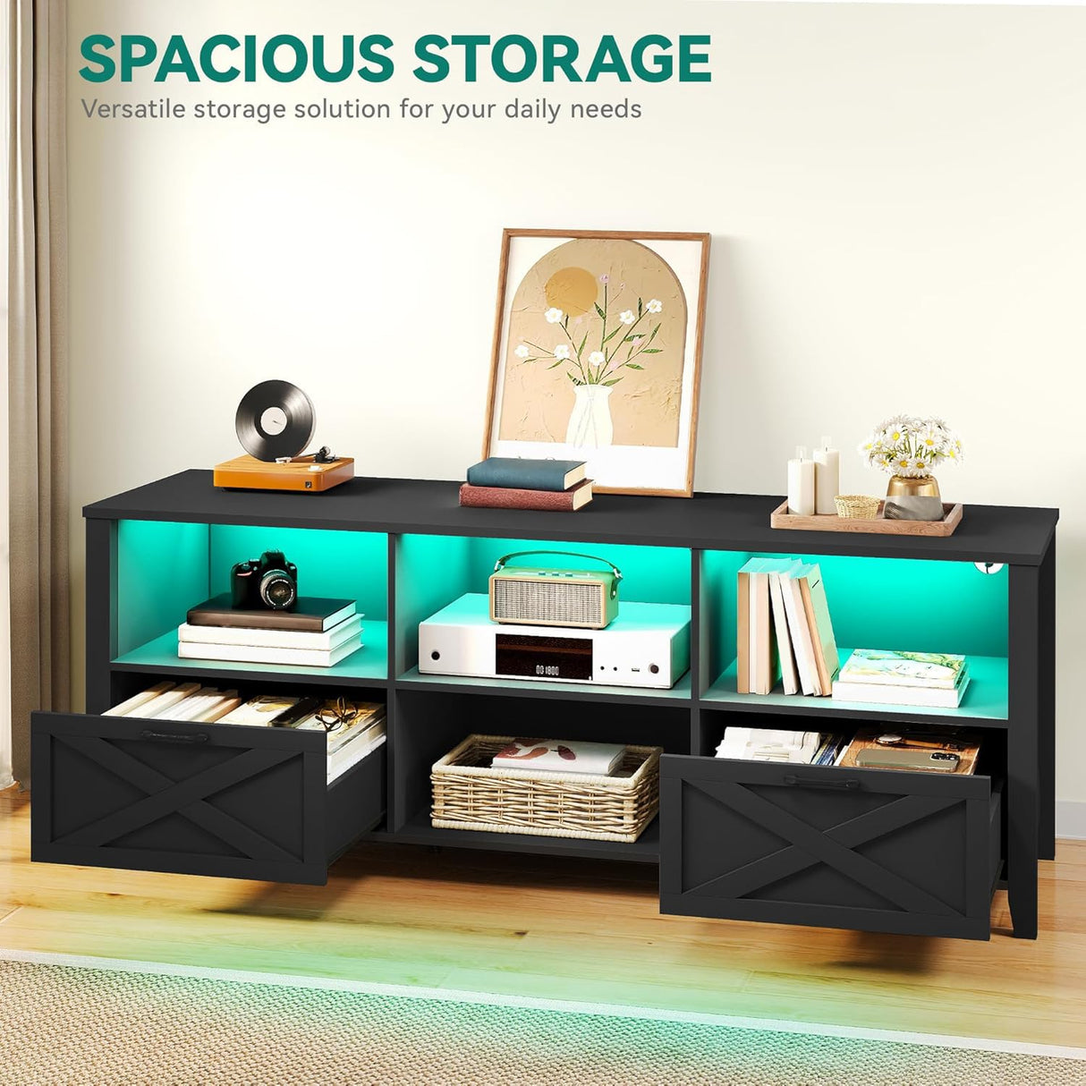 YITAHOME 70 Inch Farmhouse TV Stand with LED Lighting, Fits TVs up to 80 Inches, Media Console with Storage and Customizable Divider, Entertainment Center for Living Room (Black) YITAHOME