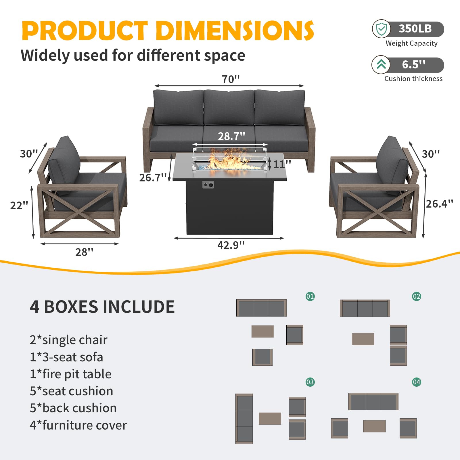 Amopatio Aluminum Patio Furniture with Fire Pit, 6 Pcs Metal Patio Sofa Sets with Aluminum Fire Pit Table, Modern Outdoor Furniture with 6.5" Cushion, Dark Grey (Included Waterproof Covers) - WoodArtSupply