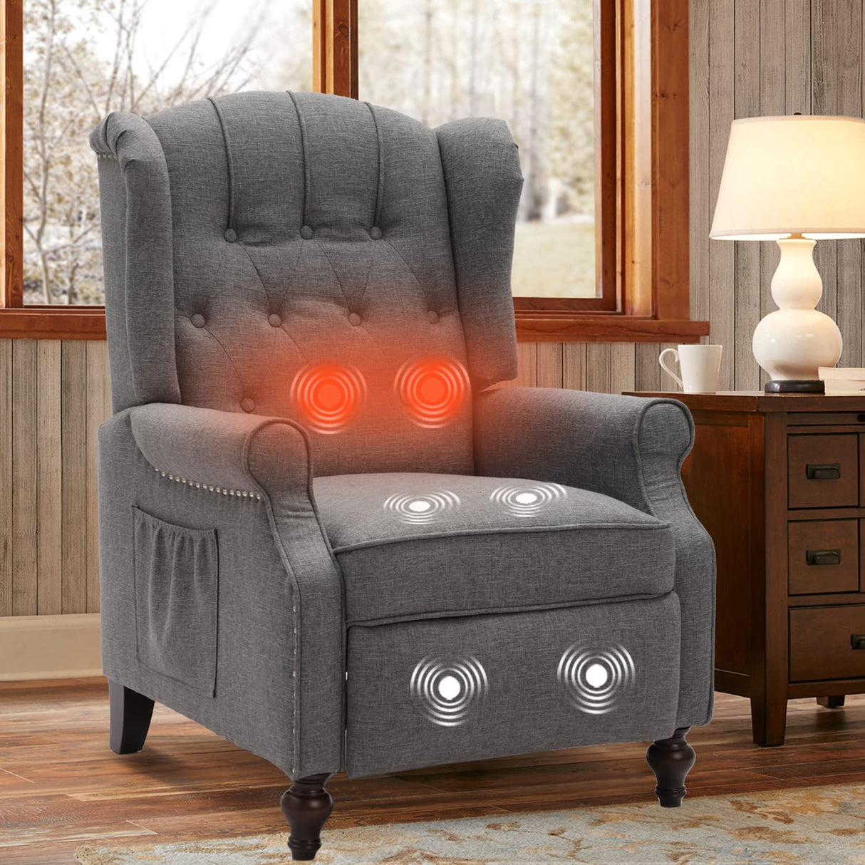 IPKIG Wingback Pushback Recliner Chair - Mid Century Recliner Armchair with Massage and Heat, Rivet Decoration, Button-Tufted Back, Solid Wood Legs for Living Room, Bedroom, Office(Grey) IPKIG