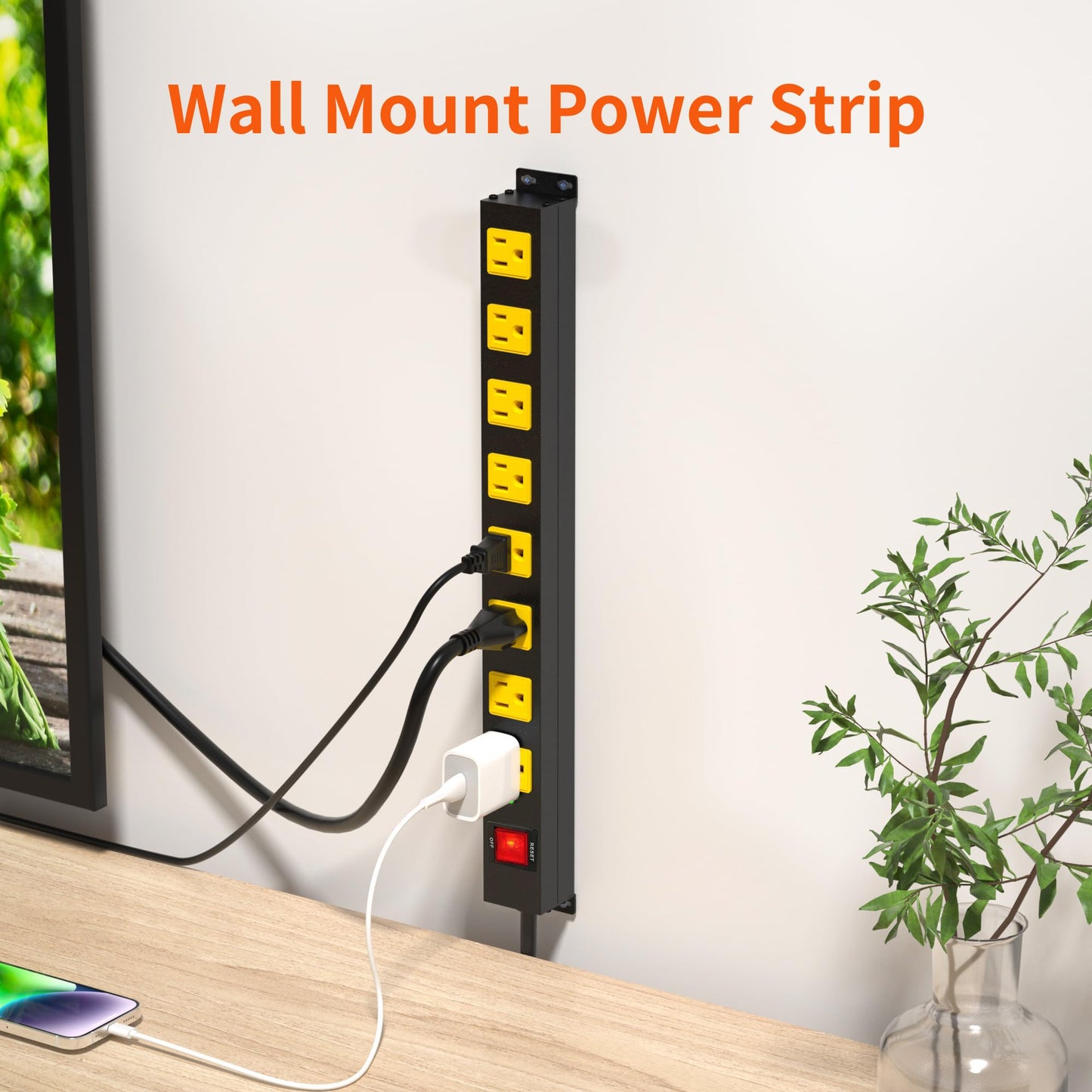 8 Outlet Long Power Strip, 2100J Surge Protector Heavy Duty 6FT Cord Wide Spaced and Wall Mount Metal Powerstrip for Home Office Garage Workshop - WoodArtSupply