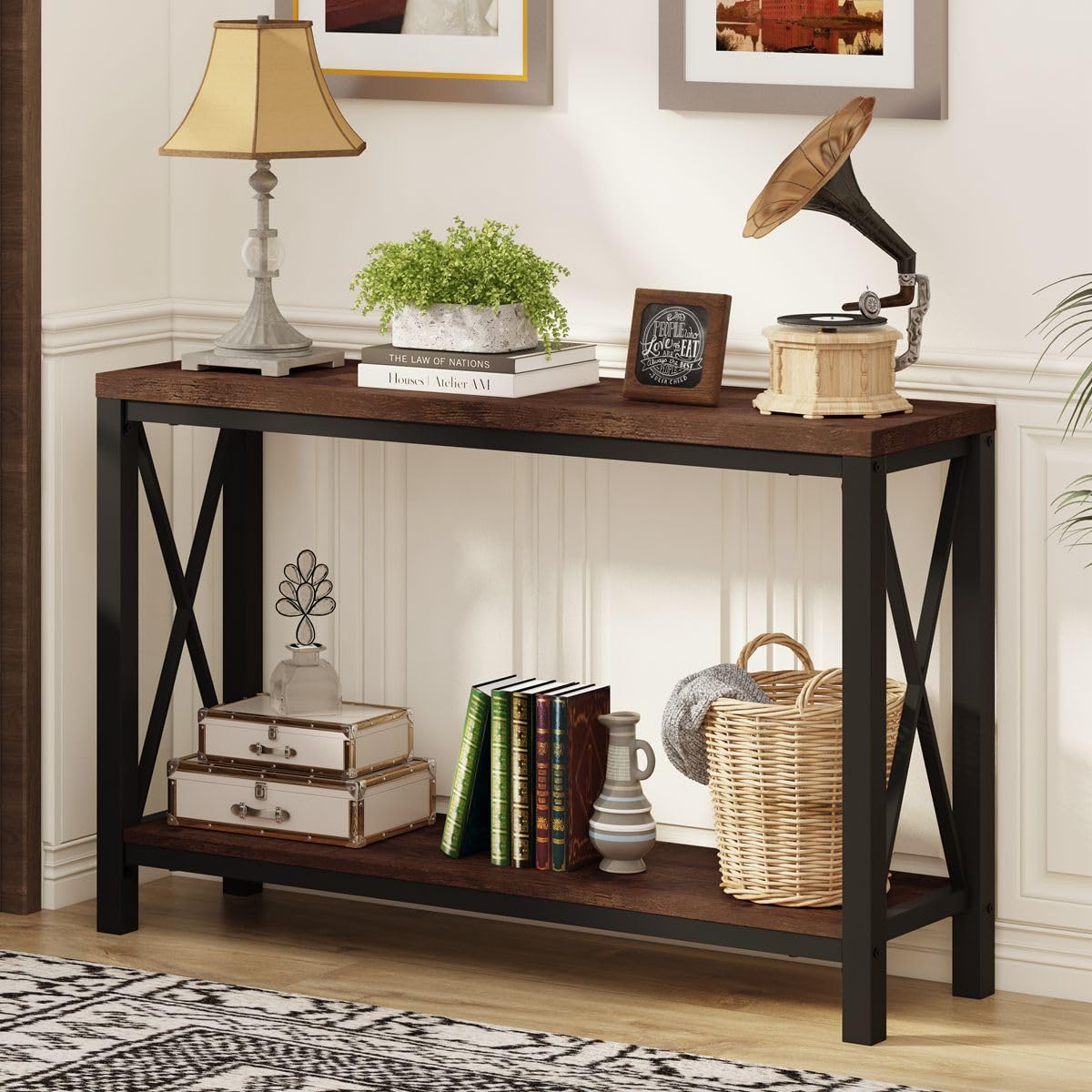 Rustic Oak 2-Tier Console Table by BON AUGURE – Stylish Entryway and Living Room Furniture - WoodArtSupply