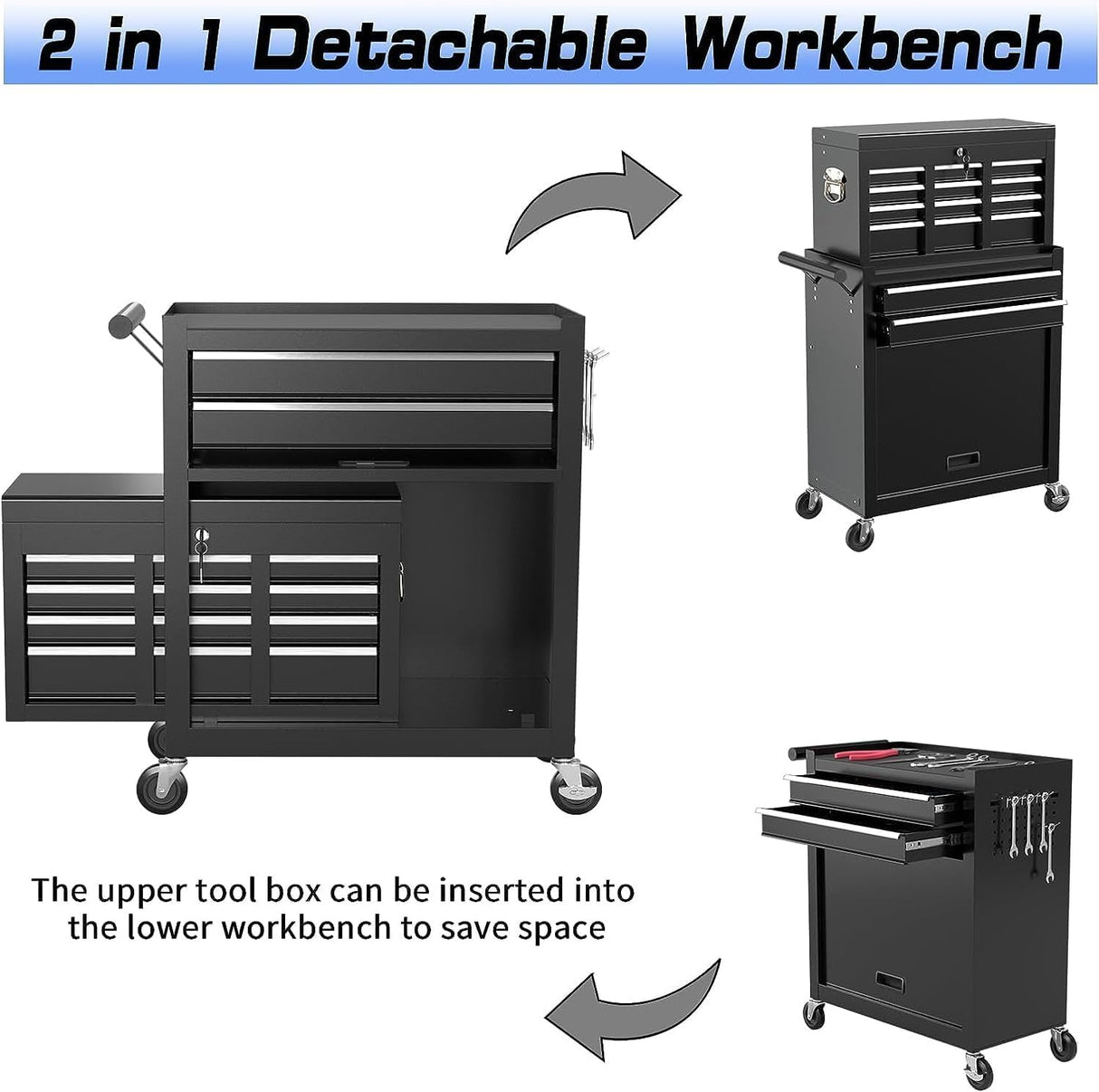 OAKANDO 8 Drawer Rolling Tool Chest, High Capacity Tool Box with Lockable Wheels and Drawers, 2 in 1 Portable Toolbox Organizer Storage Cabinet for Garage, Warehouse, Repair Shop, Black OAKANDO