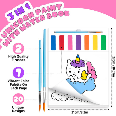 Fenmay Paint with Water Coloring Books for Kids, Mess Free Watercolor Paint Sets with 2 Premium Brushes, Arts and Crafts Birthday Gift for Kids Age 3-5 4-8, Travel Activities Toy (Unicorn) Fenmay