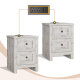 AMERLIFE Large Nightstand Set of 2 with Charging Station, Bedside Table with USB Ports and Outlets, Farmhouse Wood End Table for Bedroom, Living Room, Distressed White AMERLIFE