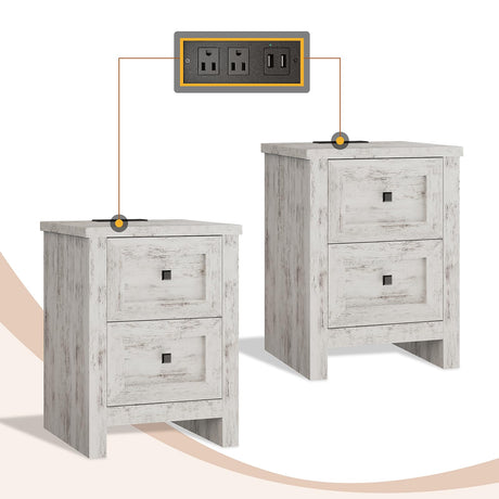 AMERLIFE Large Nightstand Set of 2 with Charging Station, Bedside Table with USB Ports and Outlets, Farmhouse Wood End Table for Bedroom, Living Room, Distressed White AMERLIFE