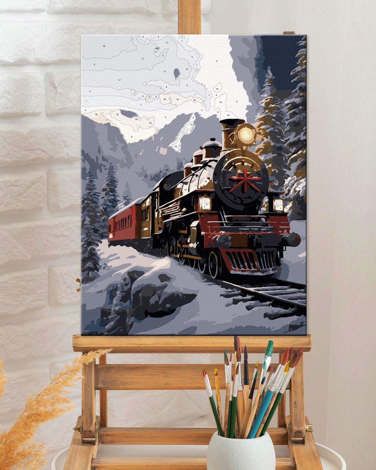 TOCARE Framed Paint by Numbers Kit for Adults, 12x16Inch Train Paint by Numbers with Frame, Snow Mountains Paint by Number Framed Canvas Winter Nature Scenery(Without Easel) TOCARE