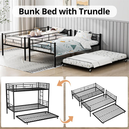 TURRIDU Bunk Bed Twin Over Twin with Trundle, Metal Triple Bunk Beds with 2 Side Ladders, Heavy Duty Bed Frame for Girls Boys Teens Adults, Can be Divided Into 3 Beds, No Box Spring Needed, Black