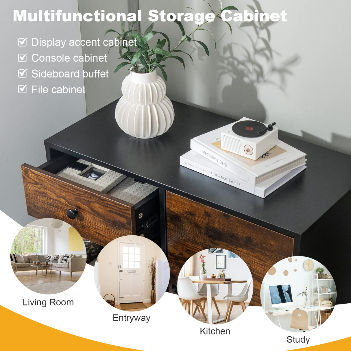 Tangkula Storage Cabinet with 3 Drawers and Door Cabinet, Industrial Wood Accent Cabinet with Adjustable Shelf, Retro Farmhouse Sideboard Buffet Cabinet for Kitchen Living Room (Industrial) Tangkula