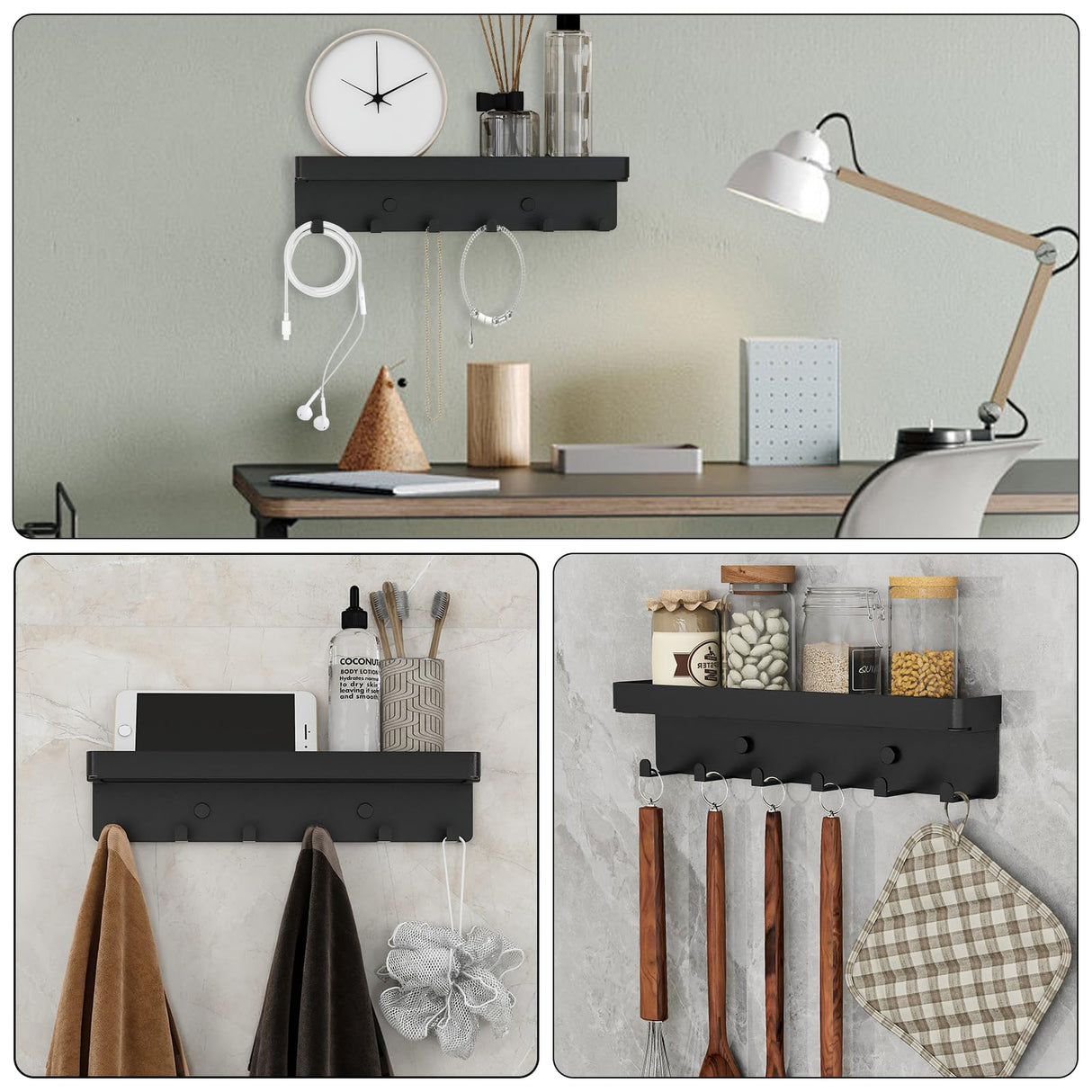 SZUGCOTD Key Holder for Wall Rustic Key and Mail Organizer 6 Key Hooks with Shelf Small Key Rack with Tray Adhesive Key Hanger Wall Mount for Entryway Hallway Living Room Decor, Metal, Matte Black SZUGCOTD