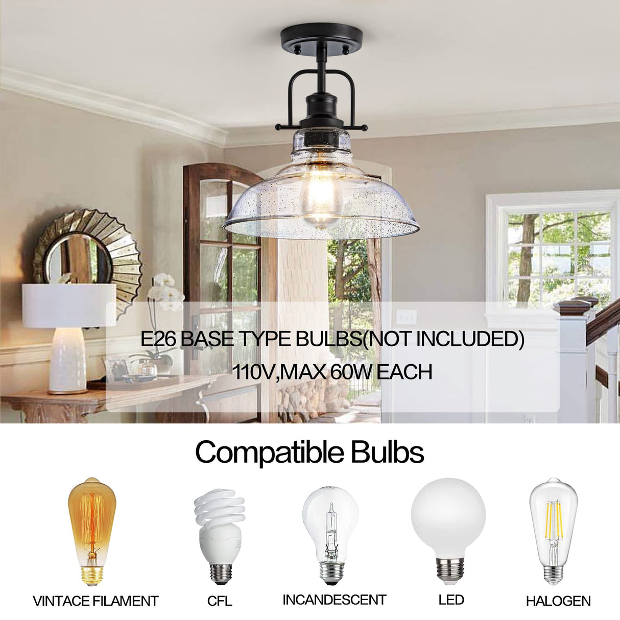 Zlepmlla Flush Mount Ceiling Light Fixture < Bulb NOT Included >, Black Metal Frame Ceiling Light Fixture with Seeded Glass, Farmhouse Light Fixture for Kitchen Island Entryway Porch Foyer Zlepmlla
