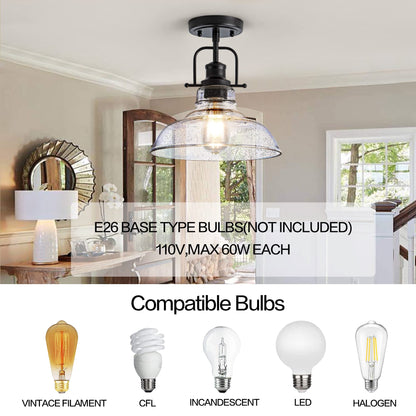 Zlepmlla Flush Mount Ceiling Light Fixture < Bulb NOT Included >, Black Metal Frame Ceiling Light Fixture with Seeded Glass, Farmhouse Light Fixture for Kitchen Island Entryway Porch Foyer