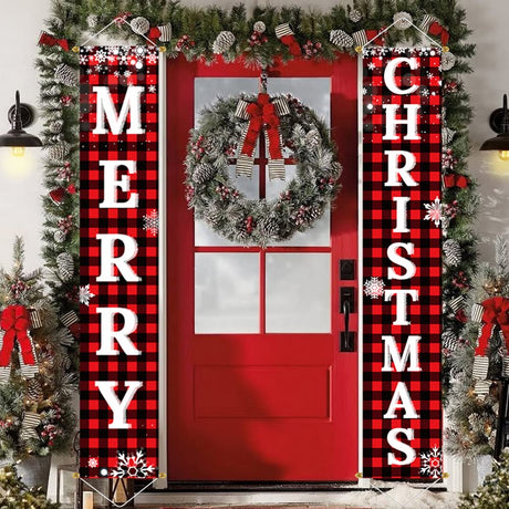 Ivenf Christmas Decorations Outdoor Yard Front Porch Sign Set, Red Black Buffalo Plaid Door Banner, Hanging Merry Christmas Decorations for Home, Indoor Outdoor Xmas Decor Wall Front Door Yard Garage Ivenf