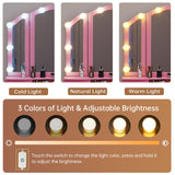 Tiptiper Vanity Desk with Tri-Fold Mirror and Lights, Makeup Vanity with Wood Upholstered Stool, Vanity Table with 5 Drawers & 8 Jewelry Hooks, Small Vanity, Pink Tiptiper