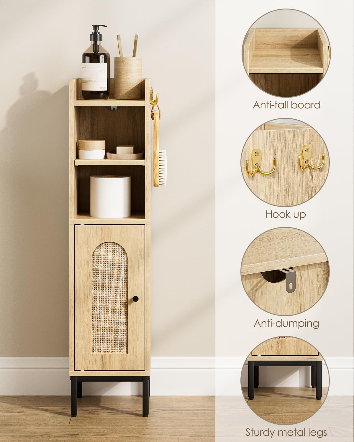 AEPOALUA Bathroom Storage Cabinet, Small Corner Floor Hutch with 2Hooks,Narrow Toilet Paper Cabinet with Rattan Door,Bathroom Organizer with Adjustable Shelf, for Small Spaces,Oak AEPOALUA