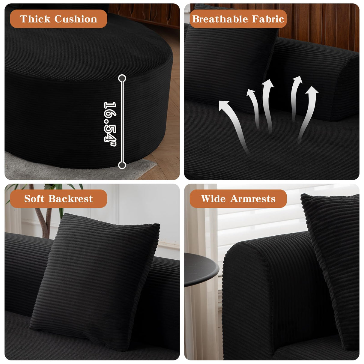 ClinQ 132-Inch Modern Style Curved Sofa, Upholstery Corduroy Sofa Couch with 3 Pillows, Black ClinQ