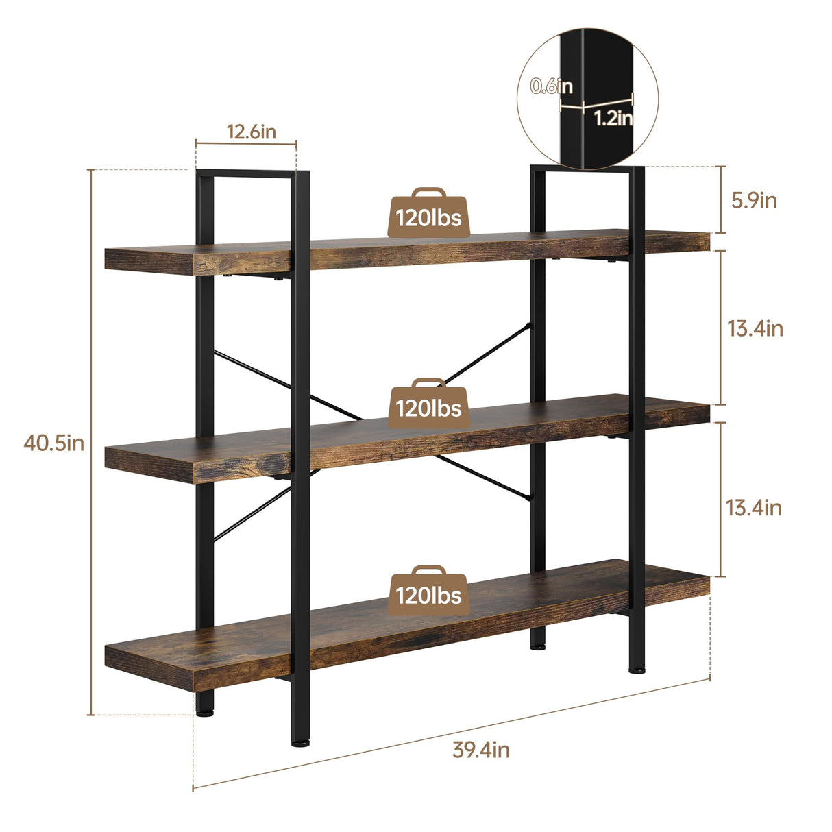 OtterOasis Heavy Duty 3-Tier Industrial Bookcase, 39" Wide Wood Bookshelf for Home Office, 120lbs Shelf Capacity, Rustic Open Shelving Display with Reinforced Horizontal Shelf for Living Room Bedroom OtterOasis