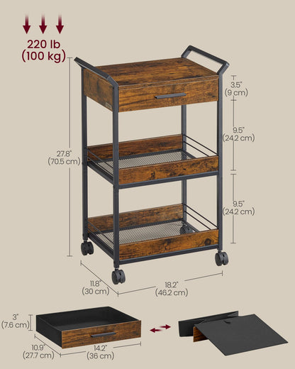 VASAGLE Storage Cart, 3-Tier Rolling Utility Cart with Table Top, Handles, 4 Lockable Casters, Top Drawer, Mesh Shelves, for Kitchen, Bathroom, Bedroom, Rustic Brown and Ink Black ULRC048K01