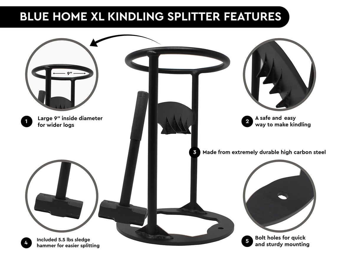 Blue Home XL Kindling Splitter — with 5.5 Lbs Sledge Hammer — Easy Portability — Manual Log Splitter (XL Kindling Splitter) BH Blue Home