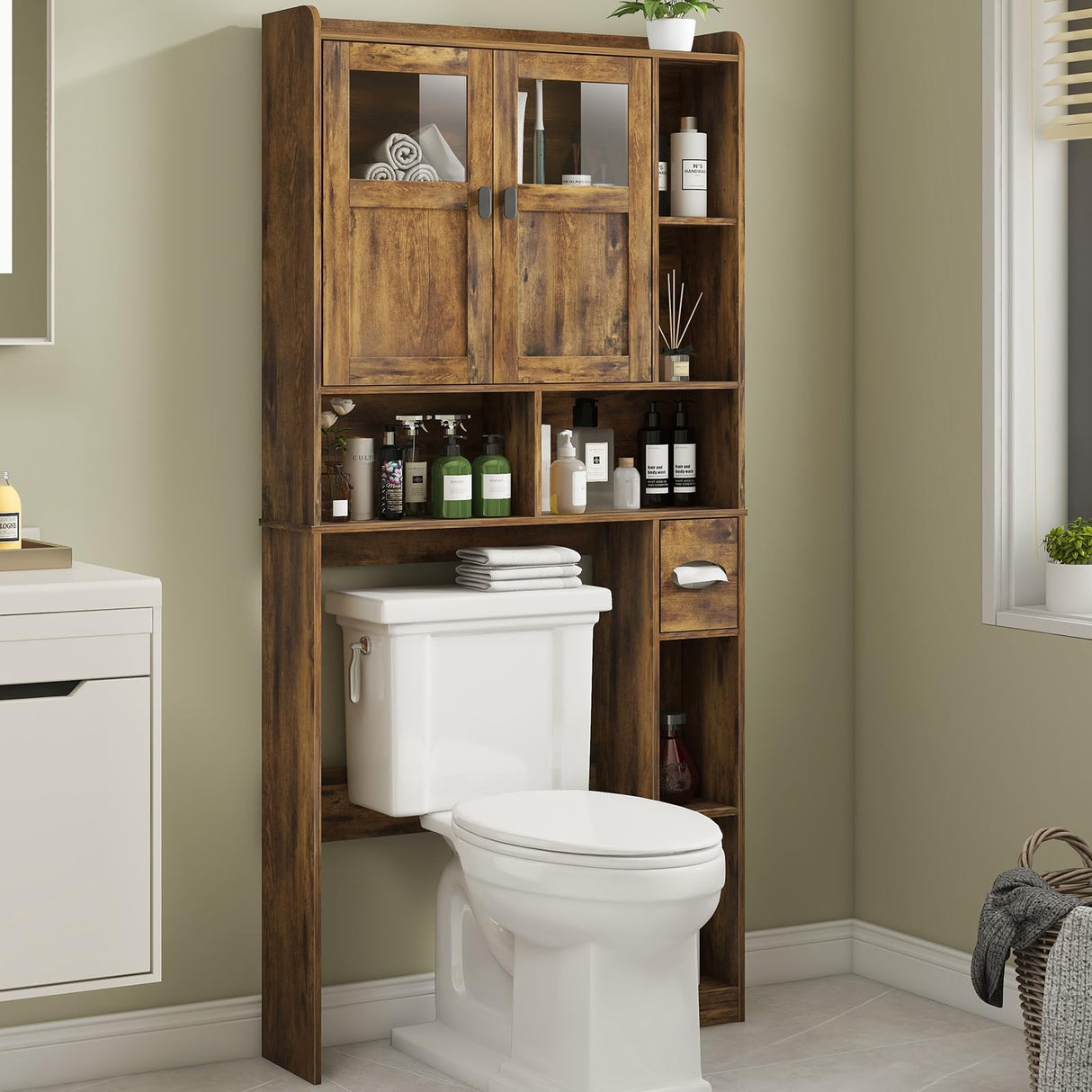 Vabches Over The Toilet Storage Cabinet, Bathroom Shelf Over Toilet with Glass Doors and Adjustable Shelves, Brown Freestanding Home Space Save Toilet Rack, for Restroom, Bathroom, Laundry Vabches