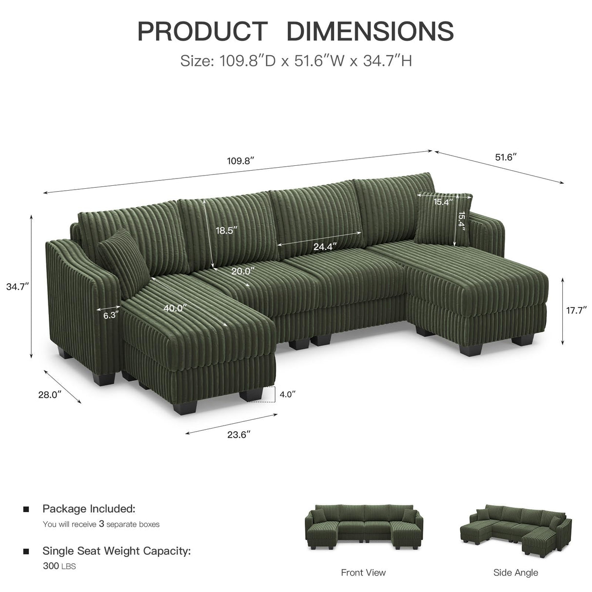 Belffin U Shaped Couch with Reversible Chaises Sectional Couches for Living Room Sectional Couch with Ottomans Corduroy (Green, U Shaped) Belffin