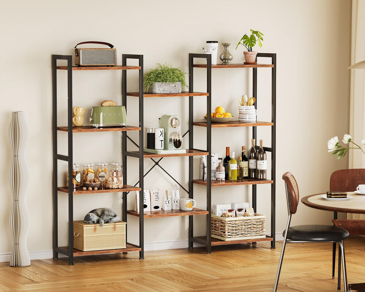 Casaottima Triple 4 Tier Bookshelf, Large Bookcase with 11 Open Display Shelves, Modern Industrial Book Shelves Book Case for Bedroom, Wide Standing Shelving Unit for Living Room Home Office, Vintage Casaottima