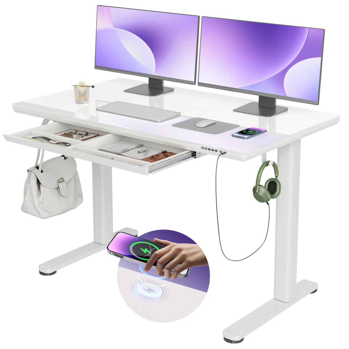 INNOVAR Wireless Charging Glass Standing Desk with Drawers, Adjustable Height Stand Up Desk, Electric Standing Desk with Storage, 48 inch, Super White - WoodArtSupply