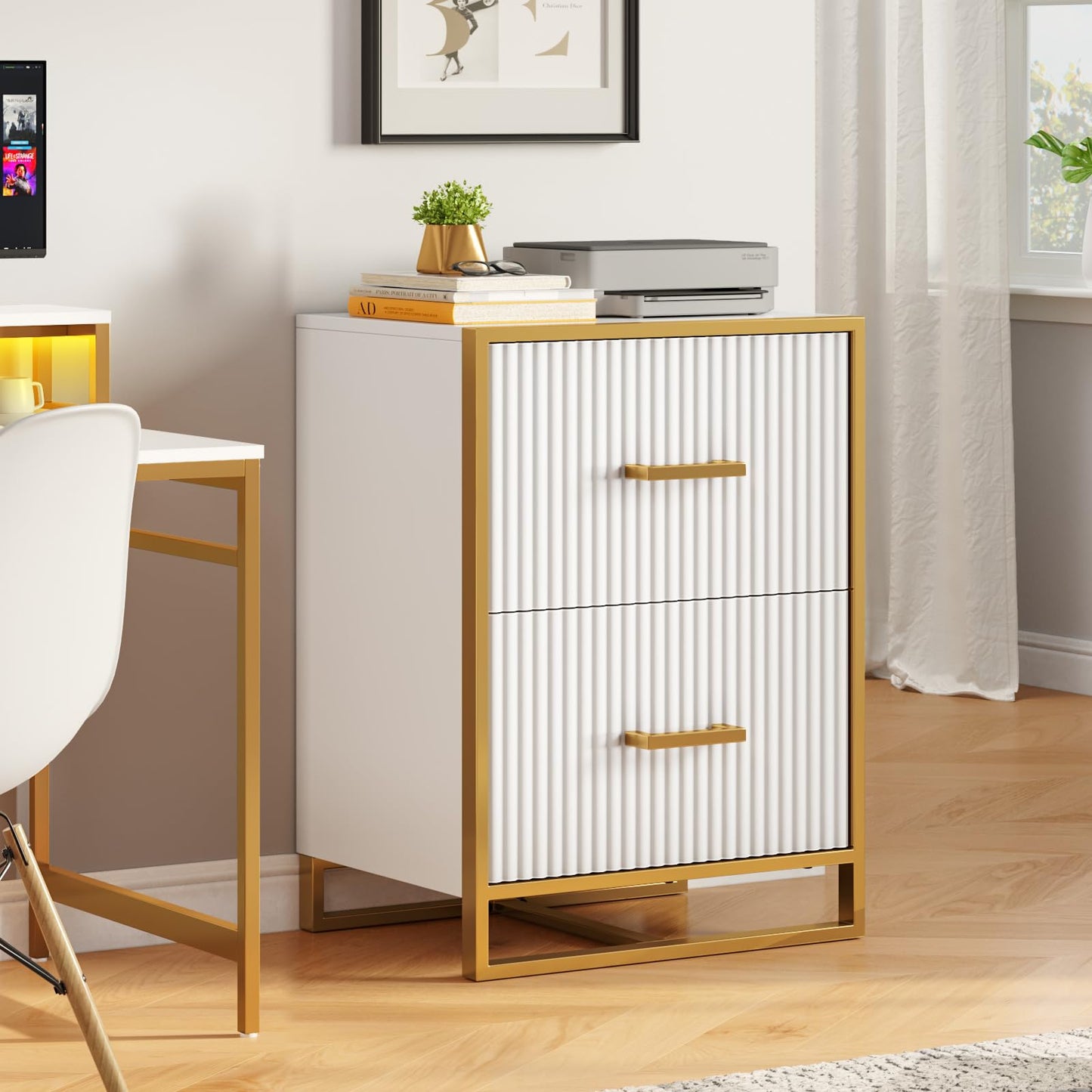 YITAHOME 2 Drawer File Cabinet, Lateral Filing Cabinet for Home Office, White and Gold - WoodArtSupply