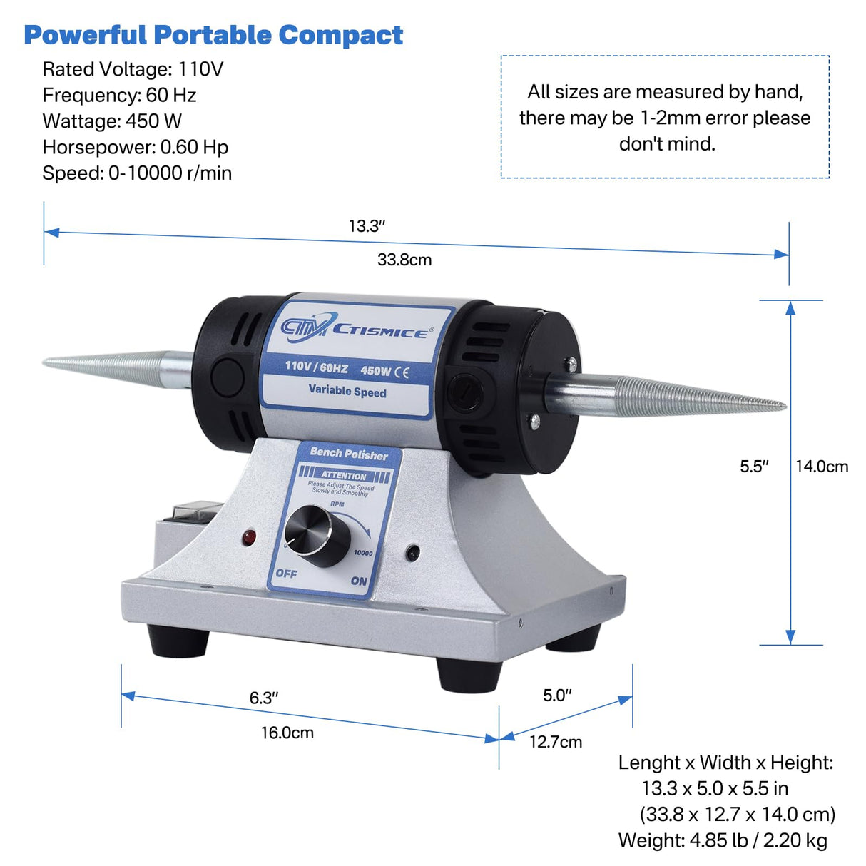 CTISMICE Jewelry Bench Polisher, Adjustable Variable Speed Benchtop Polishing Machine, 450W Buffer Grinder with 8pcs Buffing Wheels, 2pcs Polish Compound, Safety Glasses for Jewelry, Metal, Wood CTISMICE