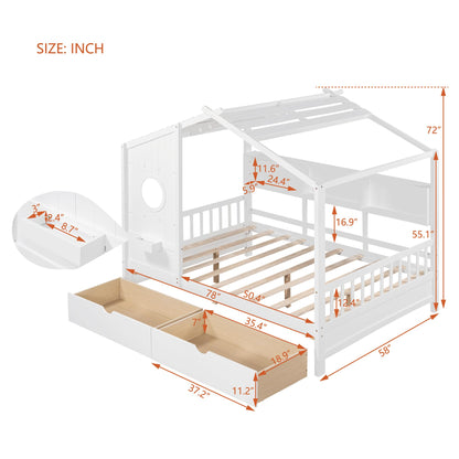 MERITLINE Montessori Full House Bed with Storage Drawers & Bookcase - Solid Wood Playhouse Bed for Kids, Teens, & Adults (White) - WoodArtSupply