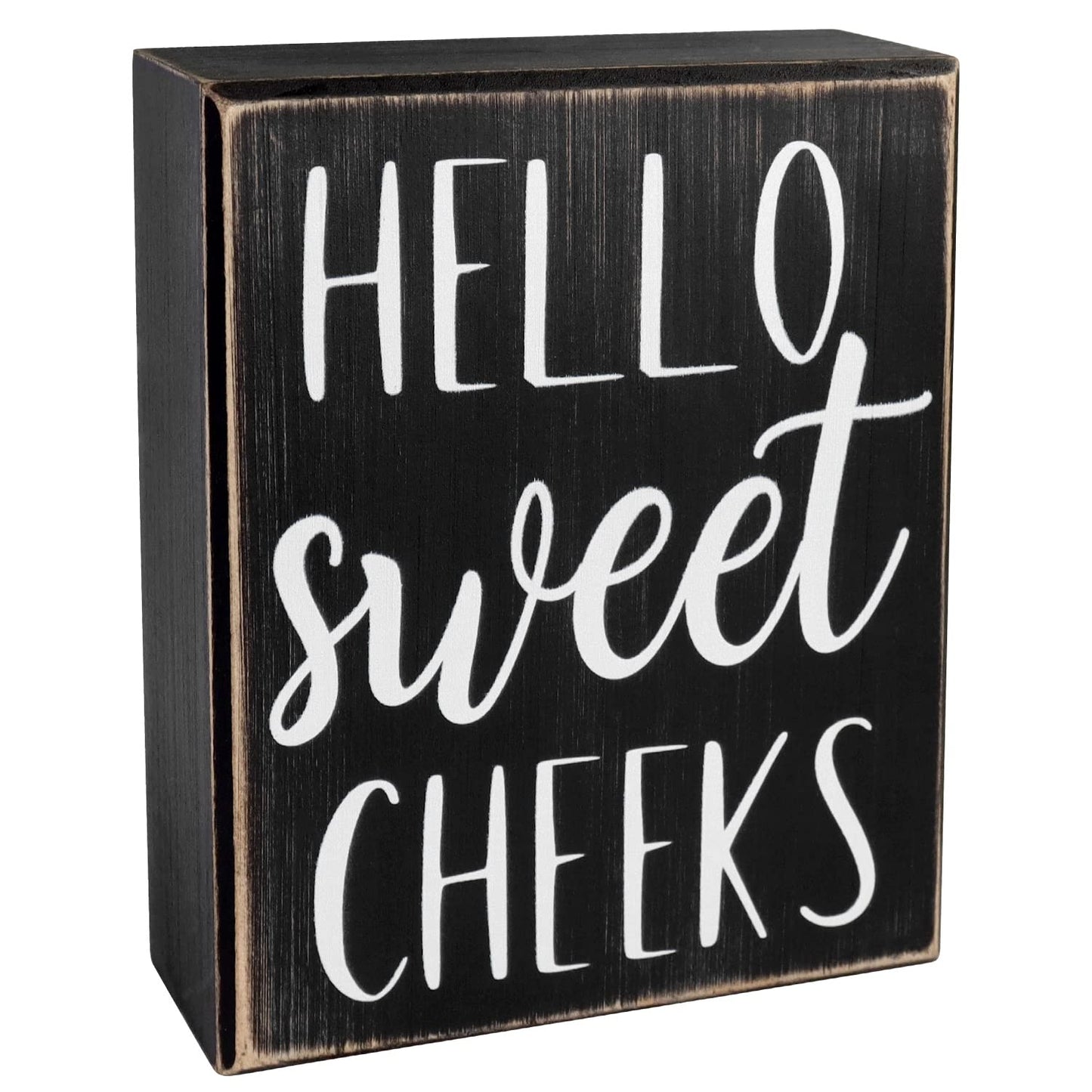 Pigort Hello Sweet Cheeks Sign - Bathroom Decor Modern Farmhouse Home Accent - Rustic Black Wood Shelf Plaque Box Sign for Women, Family, Friend 5X6X1.8 INCH