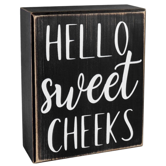 Pigort Hello Sweet Cheeks Sign - Bathroom Decor Modern Farmhouse Home Accent - Rustic Black Wood Shelf Plaque Box Sign for Women, Family, Friend 5X6X1.8 INCH