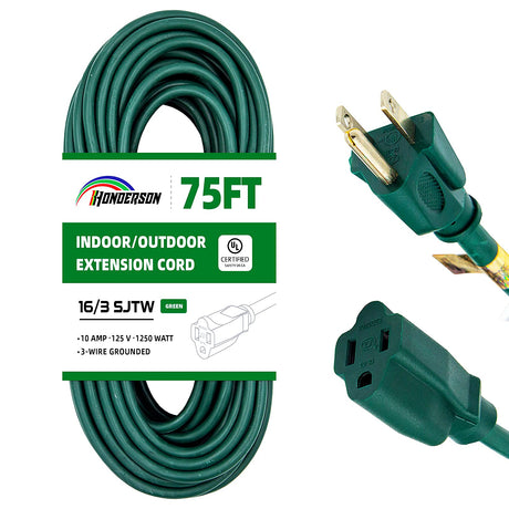 HONDERSON 75FT Outdoor Extension Cord-16/3 SJTW Durable Green Extension Cable with 3 Prong Grounded Plug for Safety,Great for Outside Christmas Decorations HONDERSON