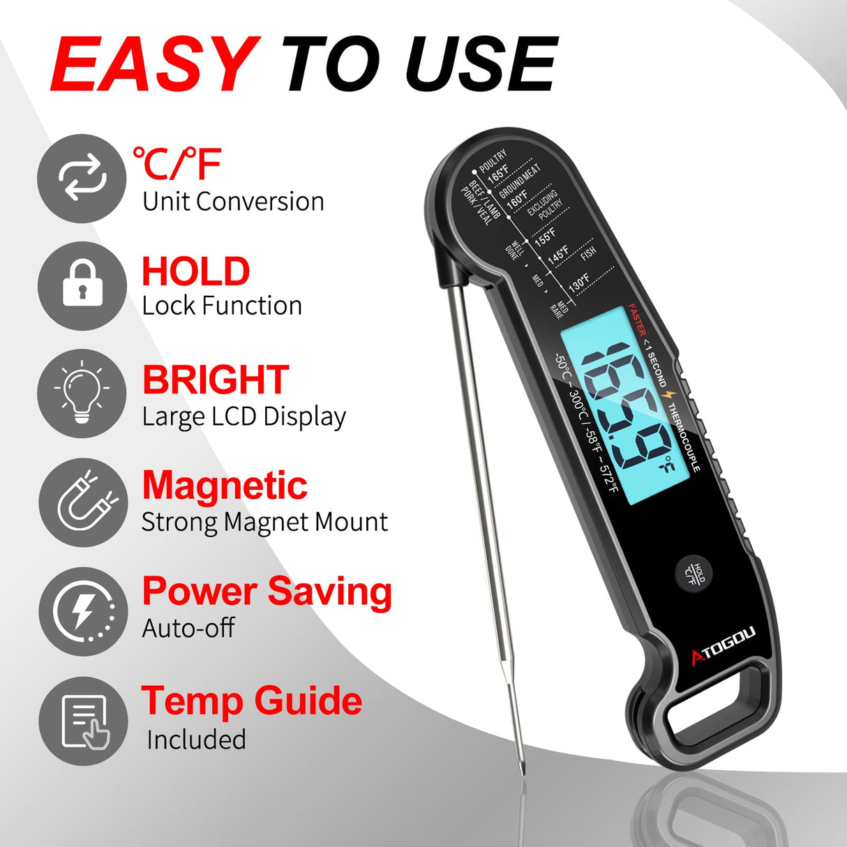 Professional Food & Meat Thermometer, 1 Sec Instant Read & ±0.5℉ Accuracy Driven by Thermocouple Sensor. IP67 Waterproof Digital Thermometer for Cooking, BBQ, Grill Gifts for Men Him Dad Birthday Atogou