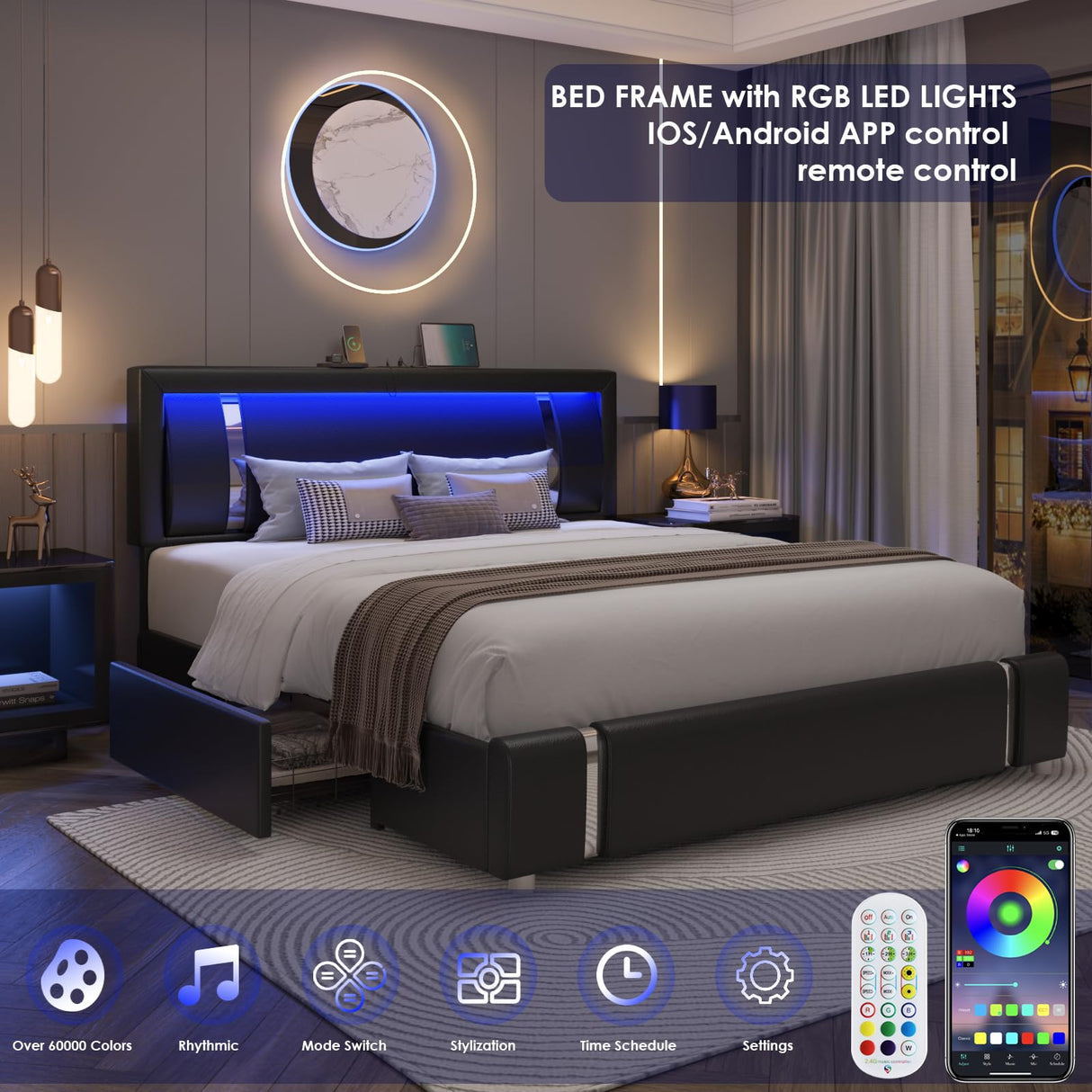 Keyluv Modern Black Queen Bed Frame with RGB LED Headboard, 2 Storage Drawers, and USB Ports Keyluv