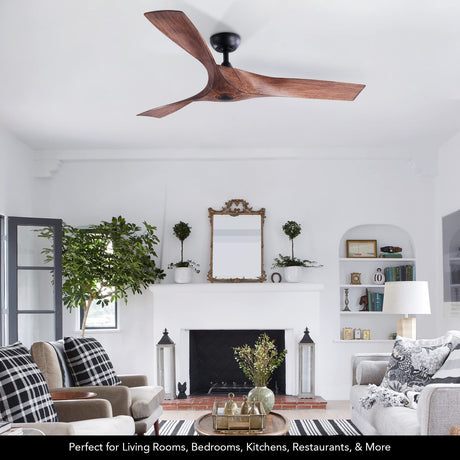 VONLUCE 52" Industrial Ceiling Fan No Light with Remote Control, Mid Century Ceiling Fans with 3 Walnut ABS Blades DC Motor, Indoor Ceiling Fan for Kitchen Bedroom Living Room, Walnut VONLUCE