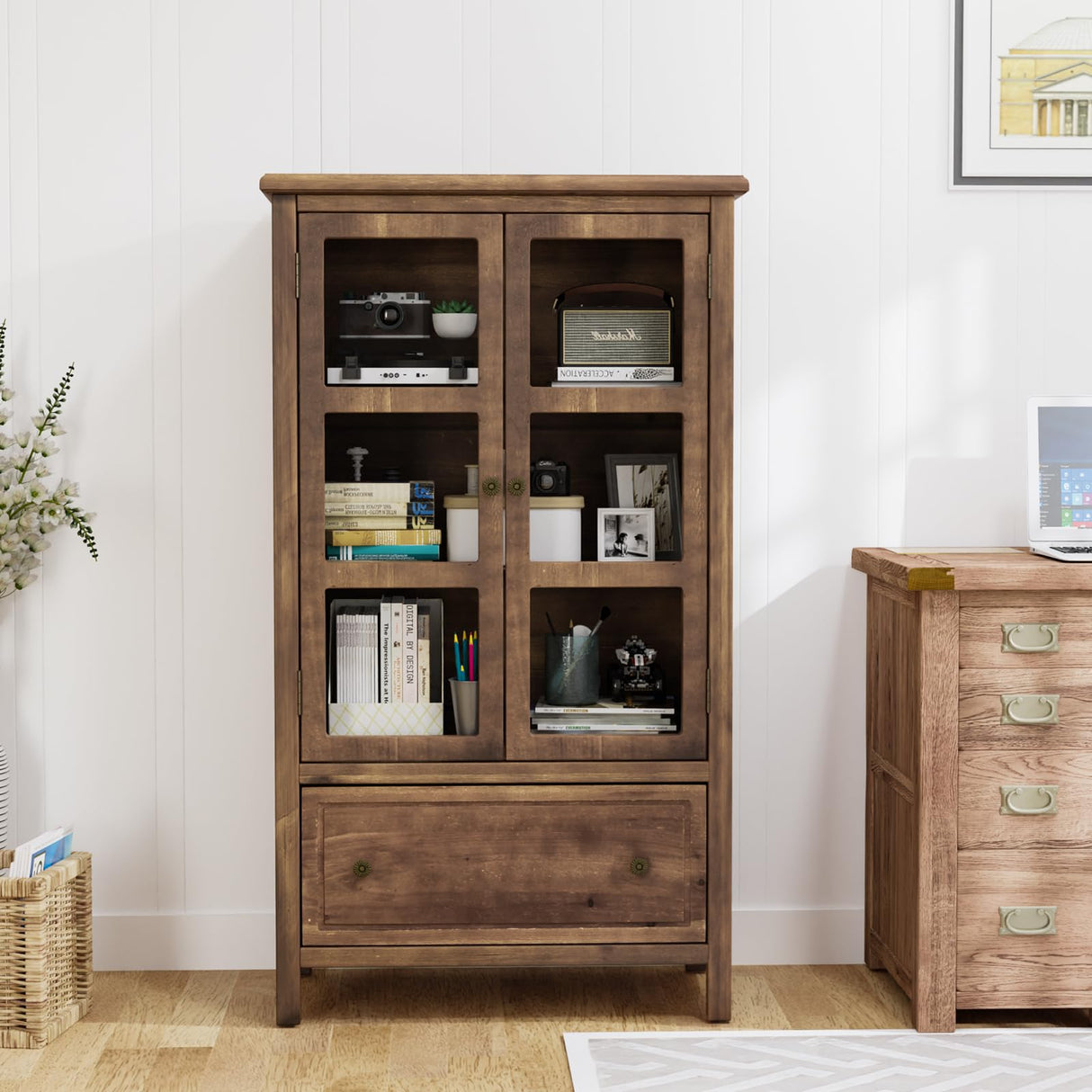 VINGLI Storage Cabinet with Glass Doors and Drawer, Glass Display Cabinet Display Case, Rustic Storage Cabinet with Doors and Shelves, Showcase Display Cabinet w/Cedar Finish & Solid Wood Leg,Walnut VINGLI