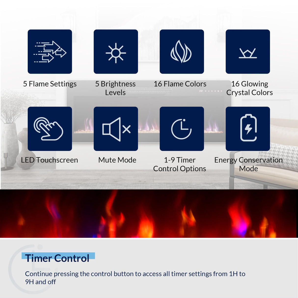 BELLEZE 42" Electric Fireplace Heater, 1400 W Recessed & Wall Mounted Electric Fireplace with Remote Control, Heater with Adjustable Flame Color and Brightness, Timer, Touch Screen BELLEZE