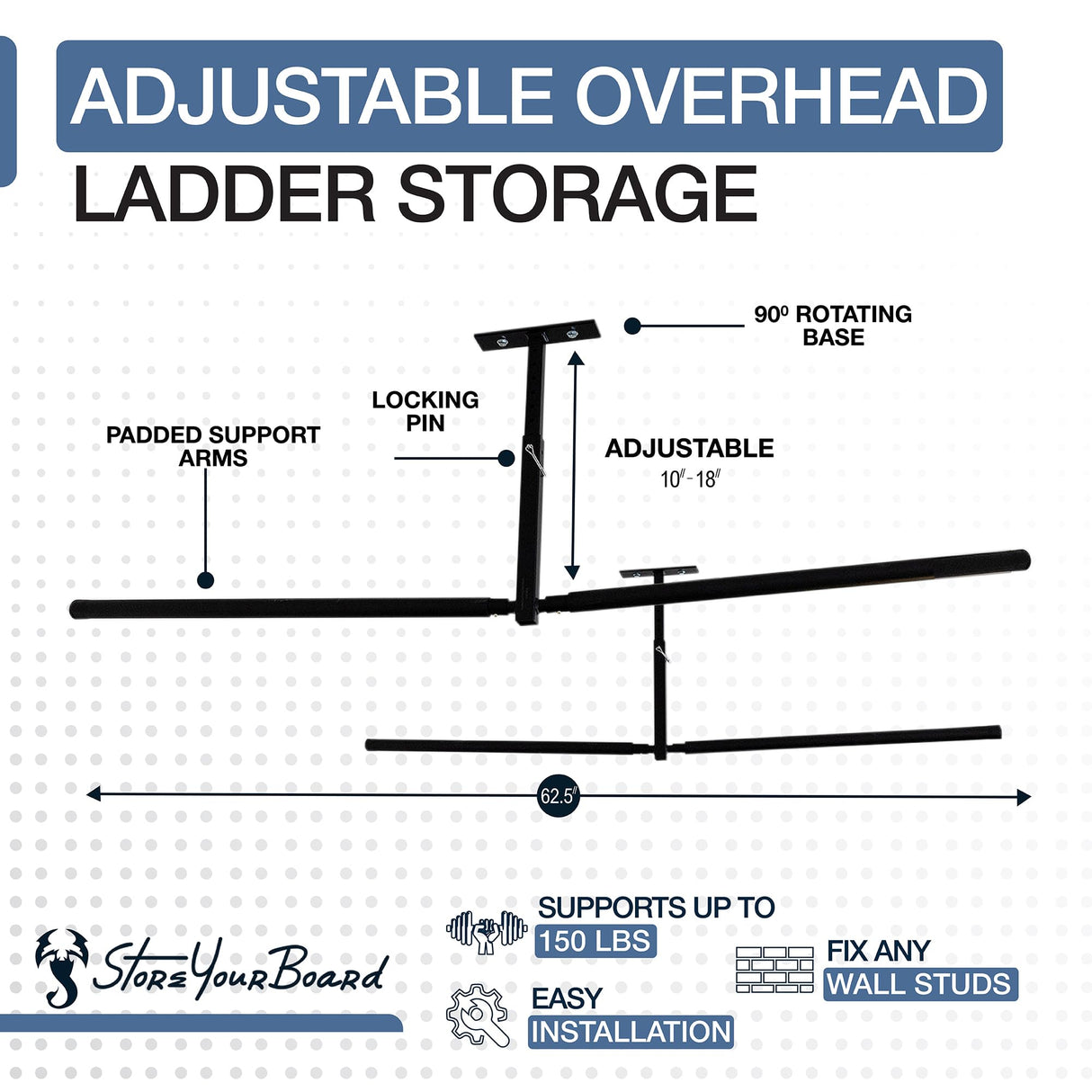 StoreYourBoard Adjustable Overhead Ladder Rack – Garage Organizer Ladder Shelf for Step & Extension Ladders - Storage Racks and Shelving for Garage Organization - Ceiling Mounted - Holds 150 lbs StoreYourBoard