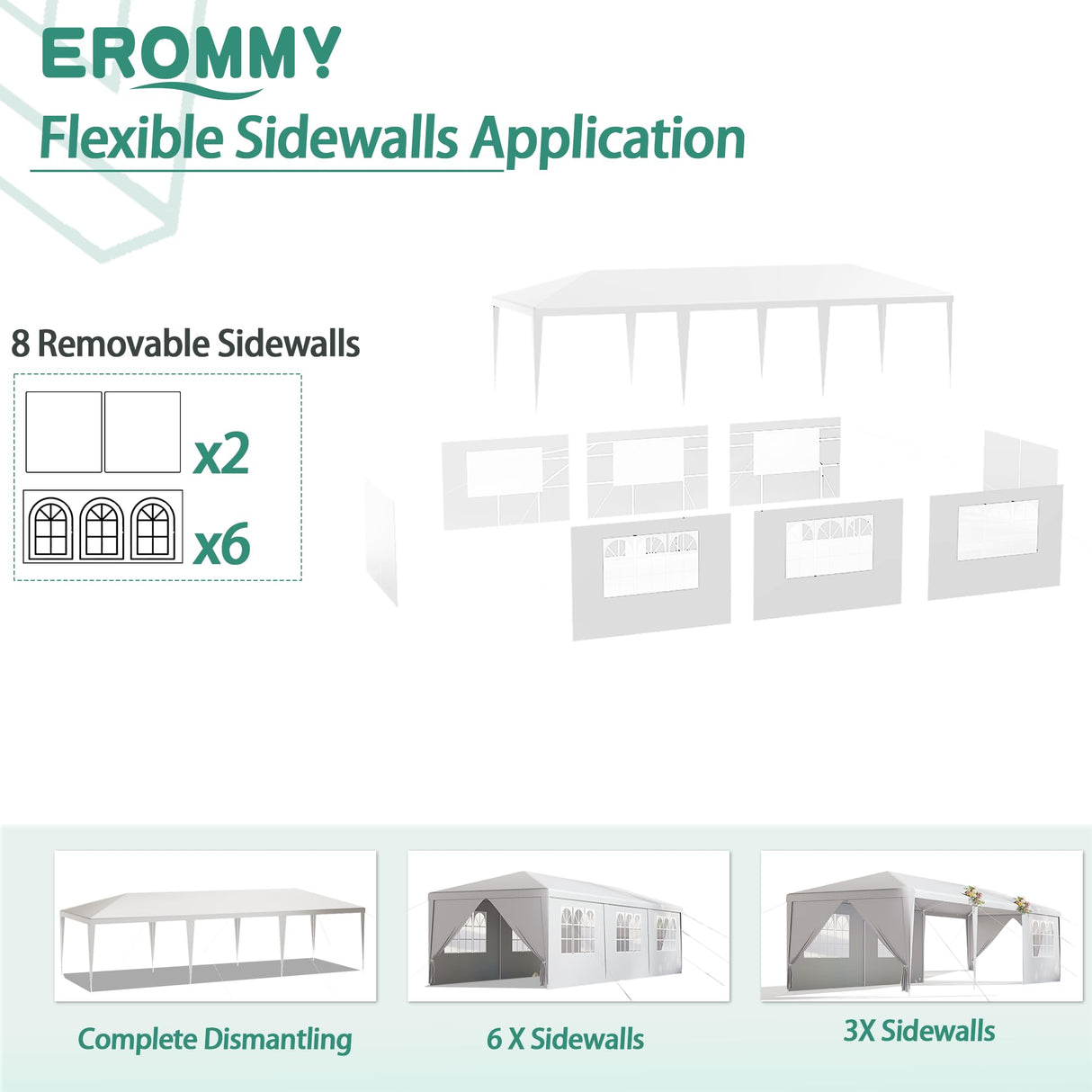 EROMMY 10x30 FT Outdoor Party Tent, White Canopy with 6 Removable Sidewalls and 2 Zippered Doors, Waterproof Event Shelter for Wedding, Birthday, BBQ, Holiday Gatherings EROMMY