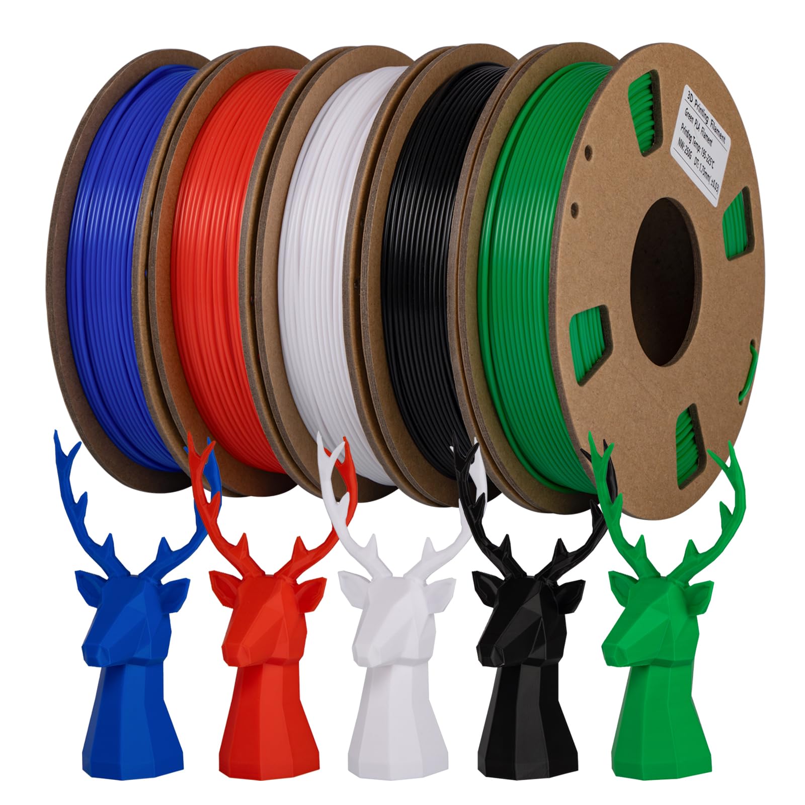 PLA 3D Printer Filament Bundle, TINMORRY PLA Filament 1.75mm, 250g x 5 Spools, Black+White+Blue+Red+Green, Net Weight 1.25kg - WoodArtSupply