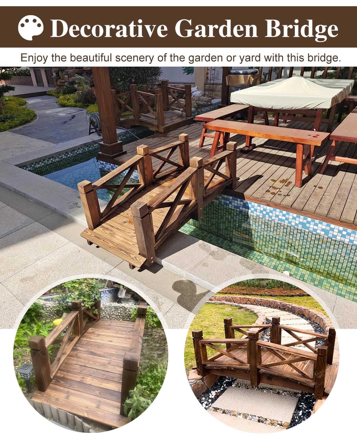 ZIMGOD Wood Garden Bridge Decor, Small Pond Bridge 1.4m/4.6ft, Arc Pond Walkway for Outside Backyard Patio, Rustic Garden Footbridge Landscaping - WoodArtSupply