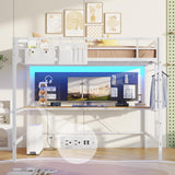 Hasuit Full Size Metal Loft Bed with Desk, LED Lights & Charging Station - Sturdy Space-Saving Bed Frame, Loft Bed Full Size Includes Safety Guard Rail & Ladder, No Box Spring Needed, Durable, White Hasuit