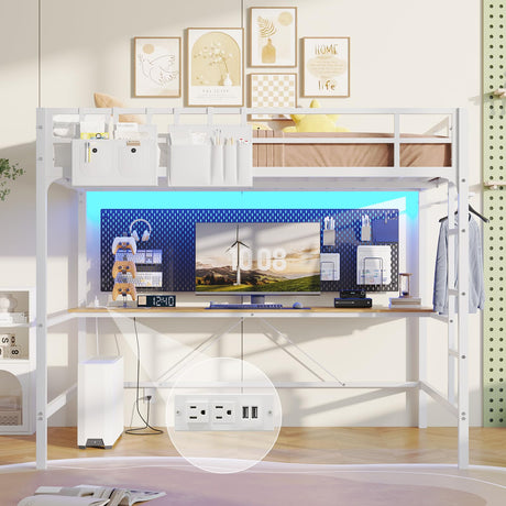 Hasuit Full Size Metal Loft Bed with Desk, LED Lights & Charging Station - Sturdy Space-Saving Bed Frame, Loft Bed Full Size Includes Safety Guard Rail & Ladder, No Box Spring Needed, Durable, White Hasuit