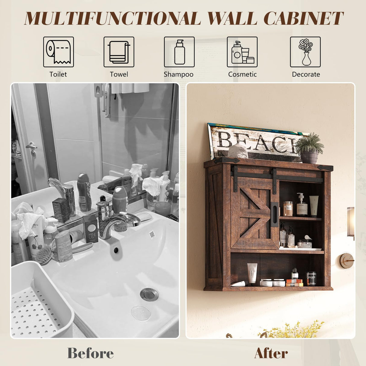 LUXOAK Farmhouse 24” Bathroom Wall Cabinet with Sliding Barn Door & Adjustable Shelf, Medicine Cabinet Wall Mounted, Storage Cabinet for Bathroom, Toilet, Kitchen, Living Room, Reclaimed Barnwood LUXOAK