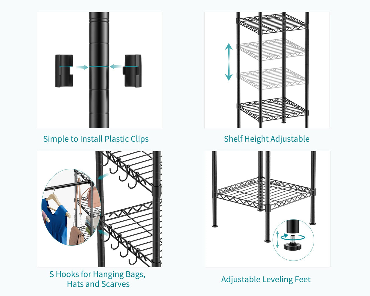 Ulif M1 Closet Storage Organizer System, 6 Tiers Heavy Duty Metal Garment Rack with 3 Expandable Hanger Rods, Wall Mounted Space Saver Suits from 5.4-8.7 ft. Width, 71.2”H x 14”D, 700LBS, Black Ulif